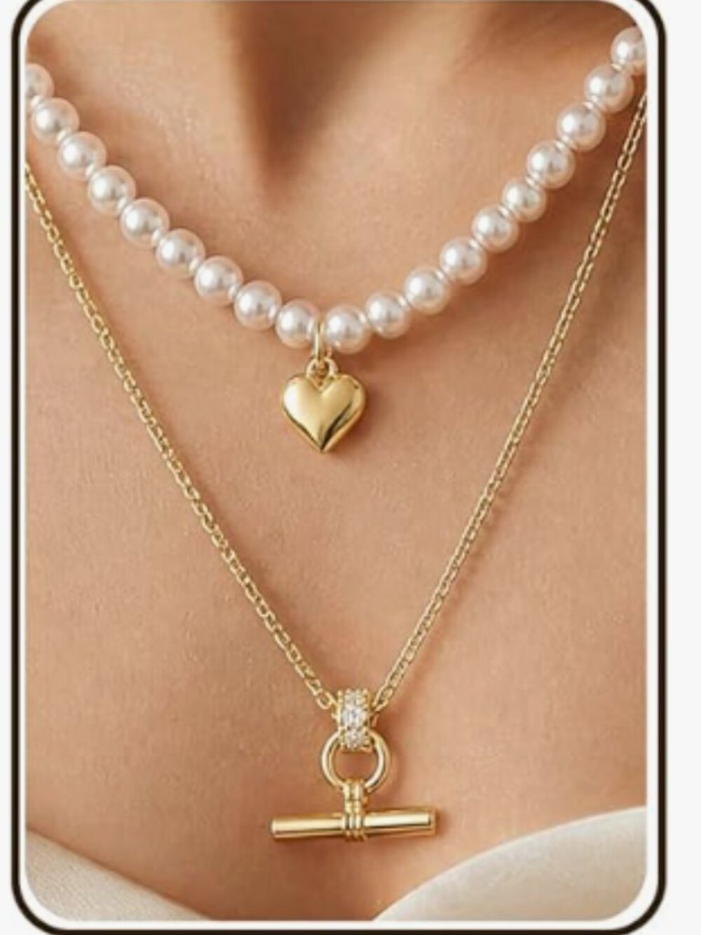 T-Bar Pearl Necklace Stack, Long Layered Necklaces Women, 16K Gold Plated